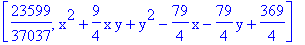 [23599/37037, x^2+9/4*x*y+y^2-79/4*x-79/4*y+369/4]